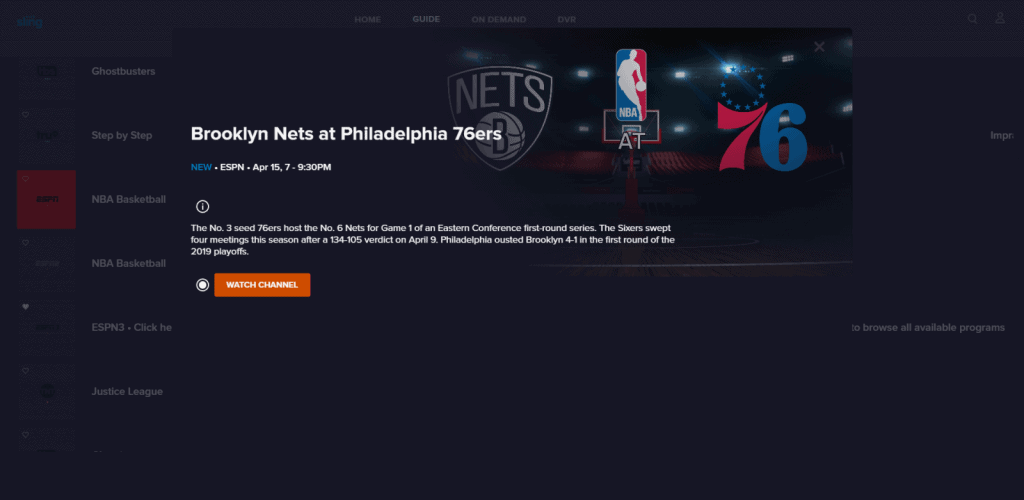 Screenshot of listing of Game 1 of the NBA Playoffs, 76ers vs Nets